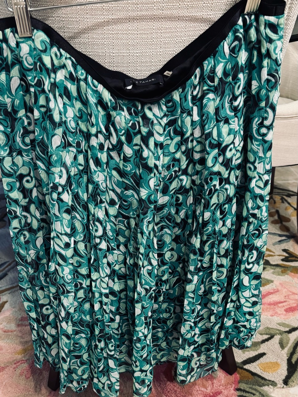 Elie Tahari Black Waistband Pleated Skirt with Teal and Mint Abstract Print
